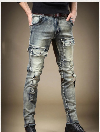 Pantaloni de modă pentru bărbați, buzunare de înaltă calitate, blugi elastici Y2k, pantaloni de blugi moto vintage, albaștri, de toamnă, îmbrăcăminte de stradă, îmbrăcăminte pentru bărbați, noi