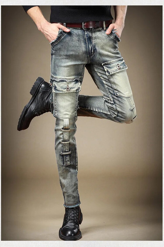 Mados Vyriškos kelnės Aukštos kokybės Kišenės Stretch Y2k Džinsai Vintažiniai Mėlynos Moto Džinsinės Kelnės Rudeninė Gatvės Apranga Vyriški Drabužiai Nauja