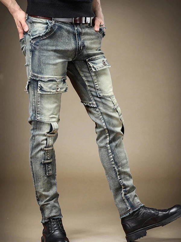 Mados Vyriškos kelnės Aukštos kokybės Kišenės Stretch Y2k Džinsai Vintažiniai Mėlynos Moto Džinsinės Kelnės Rudeninė Gatvės Apranga Vyriški Drabužiai Nauja