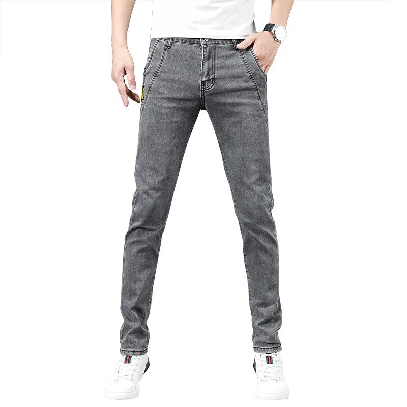 Vīriešu pelēki džinsi Ikdienišķas, elastīgas, plānas, mazas pēdas, garas džinsa bikses Modes, daudzpusīga dizaina ikdienas bikses