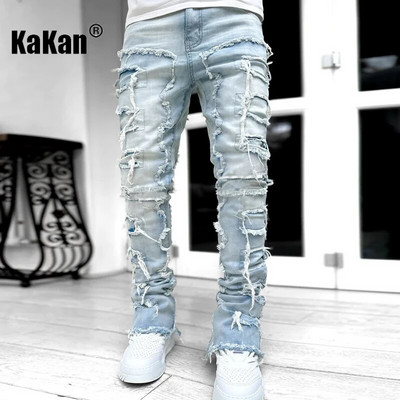 Kakan - Нови европейски и американски тежки Streetwise Stretch Patch Jeans за мъже, High Street Straight Fit Long Jeans 16-3001