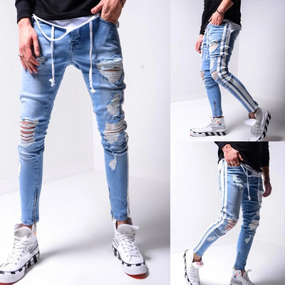 Ανδρικό Biker Cool Jeans Skinny Ripped Zip Cuff Fashion Παντελόνι Classic Blue Grey Υψηλής ποιότητας Stretch Ρούχα Calça Masculina