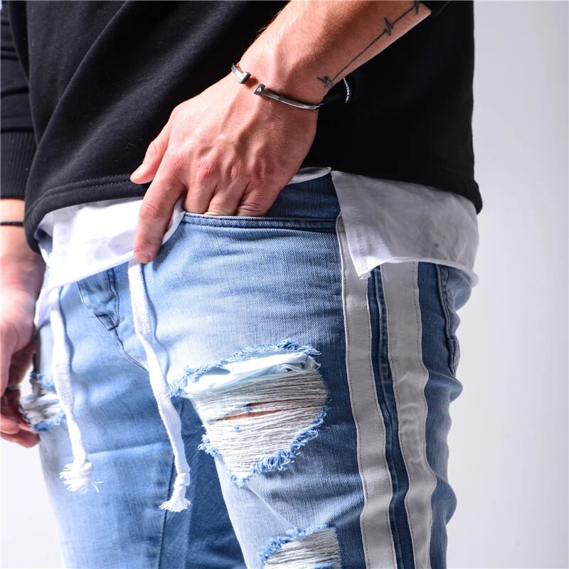 Vyriški dviratininkai šaunūs džinsai, siauri, suplėšyti rankogaliai Madingos kelnės Klasikinės mėlynos pilkos aukštos kokybės tamprūs drabužiai Calça Masculina