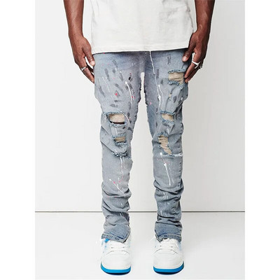 Korejiešu ielu apģērbi, modes vīriešu apģērbi, krāsas caurumi, plāni, elastīgi džinsi, ikdienas ielas ikdienas augstas kvalitātes bikses jauniešu džinsu bikses