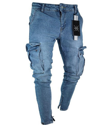 Мъжки тесни дънки Trend Knee Hole Zipper Pocket Denim Biker Jeans Hip Hop Distressed Slim Elastic Jeans Изпрани мъжки дрехи