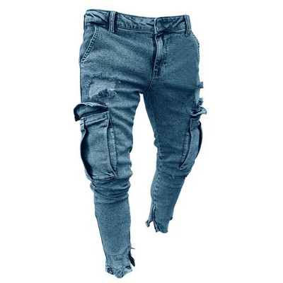 Férfi Skinny Farmer Trend Knee Hole Cipzár Zseb Farmer Motoros Farmer Hip Hop Distressed Slim Elasztikus Farmer Mosott férfi ruha