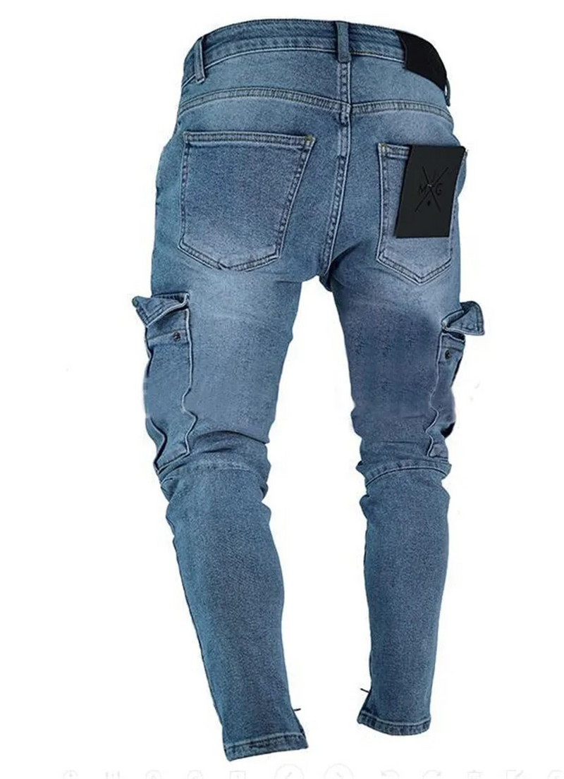 Férfi Skinny Farmer Trend Knee Hole Cipzár Zseb Farmer Motoros Farmer Hip Hop Distressed Slim Elasztikus Farmer Mosott férfi ruha