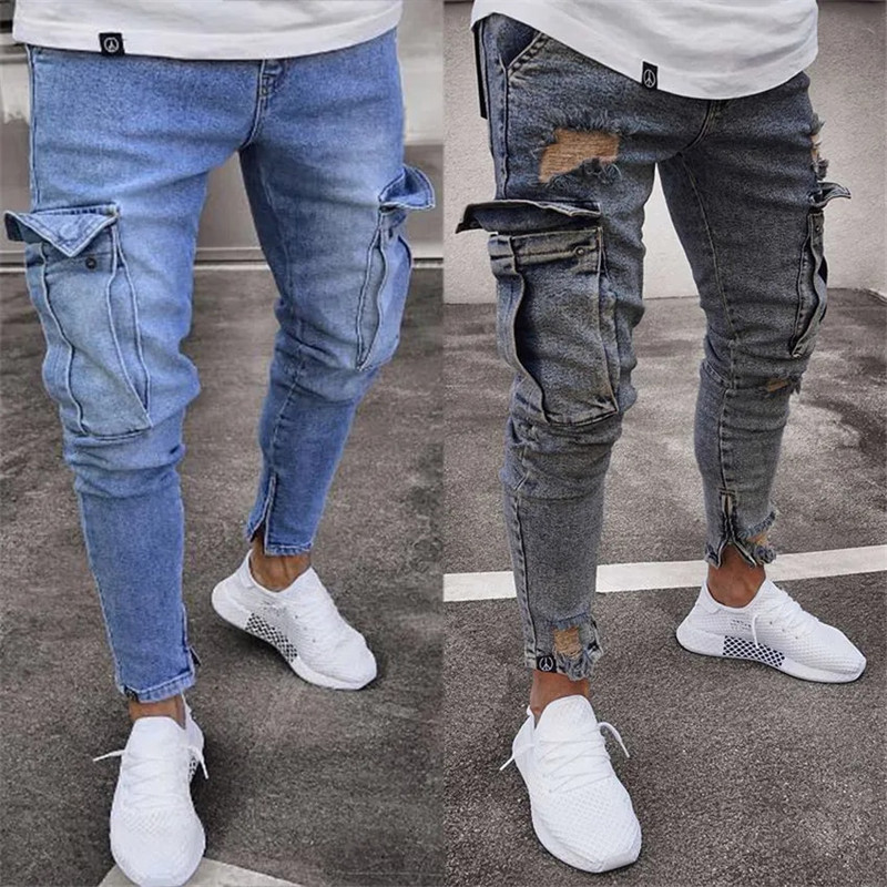 Férfi Skinny Farmer Trend Knee Hole Cipzár Zseb Farmer Motoros Farmer Hip Hop Distressed Slim Elasztikus Farmer Mosott férfi ruha
