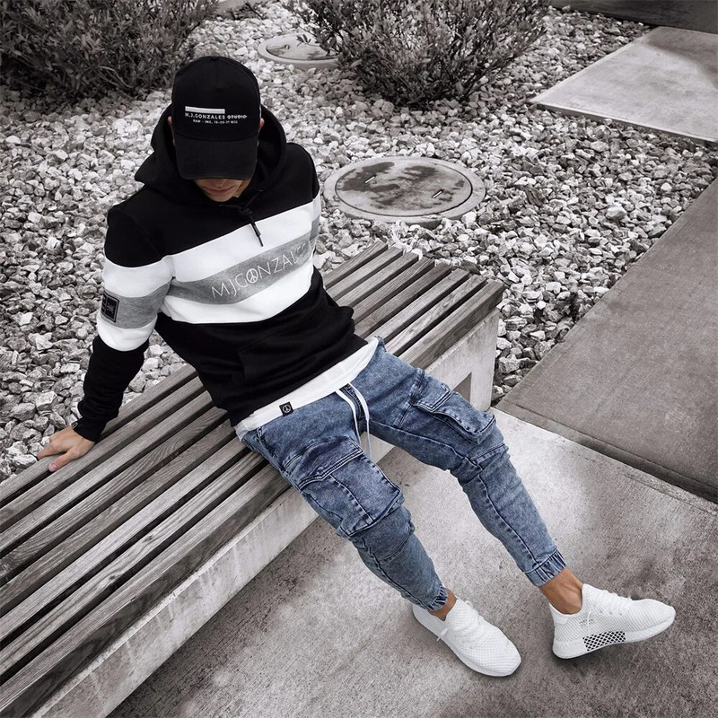 Vyriški negabaritiniai džinsai su šoninėmis kišenėmis Džinsinės kelnės Naujos mados vyriškos plonos elastinės juosmens Cargo Kelnės Moto džinsai vyrams