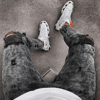 Мъжки ретро Snow Wash Distressed Stretch Ripped Biker Jeans Hip Hop Slim Fit Hole Punk Denim Pant Pantalones Hombre Joggers с цип