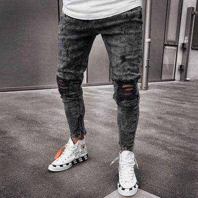 Ανδρικά ρετρό Snow Wash ταλαιπωρημένα Stretch Ripped Biker Jeans Hip Hop Slim Fit Hole Punk Denim Pantalones Hombre Zipper Joggers