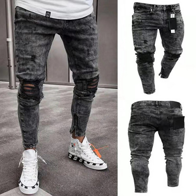 Vīriešu Retro Sniega Mazgāt Noskumuši Izstiepti Ripped Biker Džinsi Hip Hop Slim Fit Hole Punk Džinsu Bikses Pantalones Hombre Rāvējslēdzēji Skriešanas