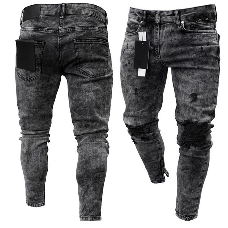 Vīriešu Retro Sniega Mazgāt Noskumuši Izstiepti Ripped Biker Džinsi Hip Hop Slim Fit Hole Punk Džinsu Bikses Pantalones Hombre Rāvējslēdzēji Skriešanas