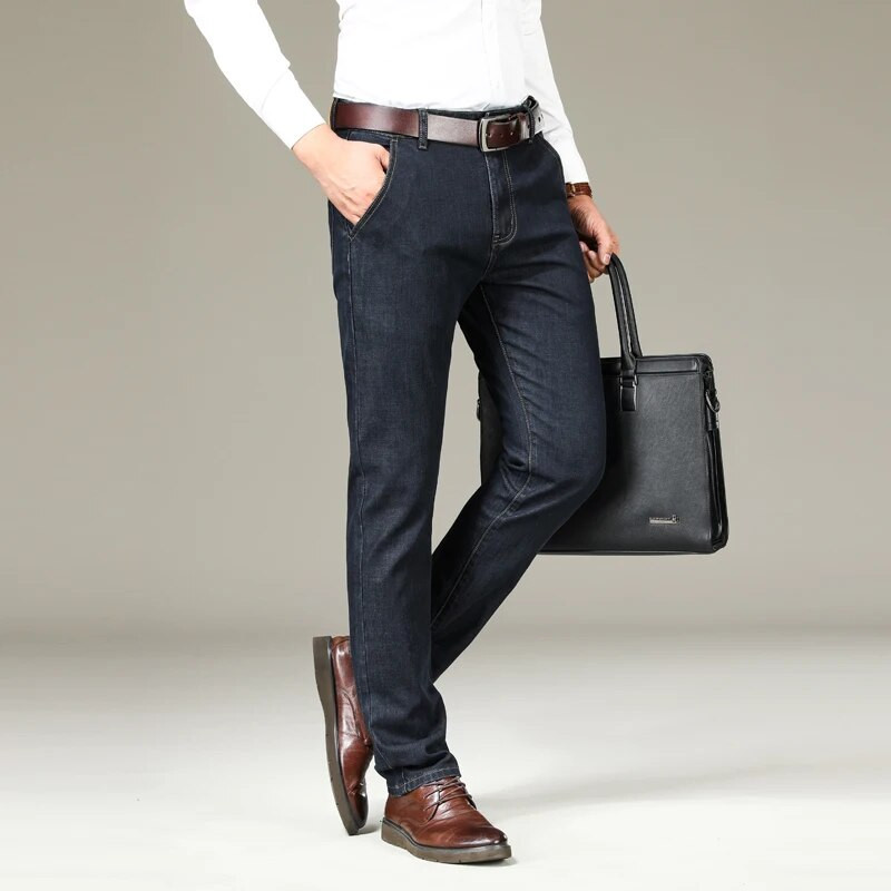 2024. gada pavasara un rudens, biezas, brīvas, taisnas caurules biznesa džinsi Vīriešu ikdienas biznesa bikses ar augstu jostasvietu