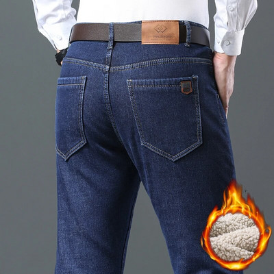 2023. gada ziemas vīriešu vilnas taisni silti džinsi klasiskā stila biznesa modes biezinātas džinsa bikses vīriešu melnas zilas bikses