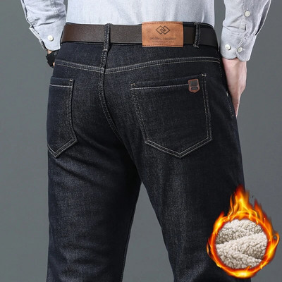 2023. gada ziemas vīriešu vilnas taisni silti džinsi klasiskā stila biznesa modes biezinātas džinsa bikses vīriešu melnas zilas bikses