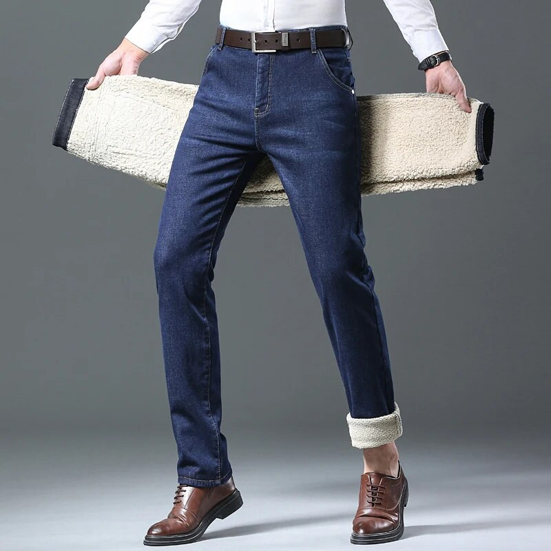 2023. gada ziemas vīriešu vilnas taisni silti džinsi klasiskā stila biznesa modes biezinātas džinsa bikses vīriešu melnas zilas bikses