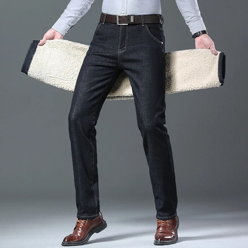 2023. gada ziemas vīriešu vilnas taisni silti džinsi klasiskā stila biznesa modes biezinātas džinsa bikses vīriešu melnas zilas bikses