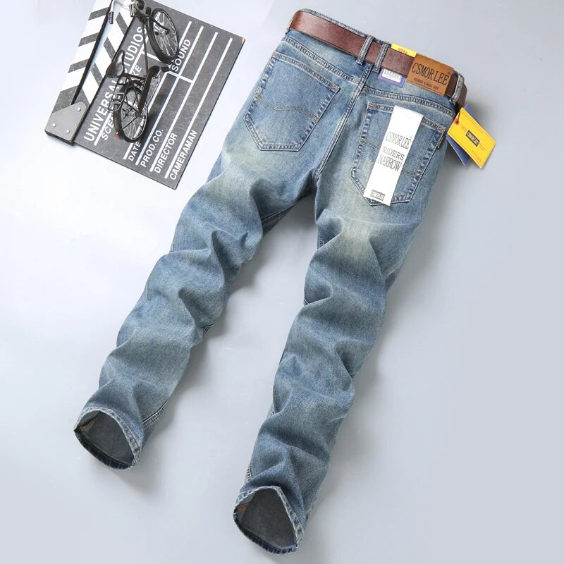 2023 m. naujojo pavasario rudens vyriški džinsai Vintažiniai mėlyni vienspalviai elastiniai klasikiniai džinsai Vyriški ploni madingi džinsiniai kelnės, vyriškos 28–40 m.