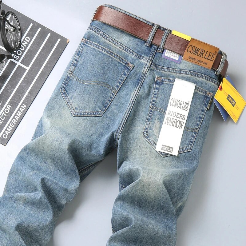 2023 m. naujojo pavasario rudens vyriški džinsai Vintažiniai mėlyni vienspalviai elastiniai klasikiniai džinsai Vyriški ploni madingi džinsiniai kelnės, vyriškos 28–40 m.