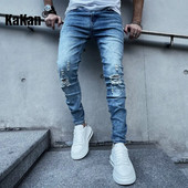 Kakan — jauni Eiropas un Amerikas mazo pēdu elastīgi perforēti džinsi vīriešiem, mazgāti un valkāti zili, Slim Fit garie džinsi K78-115