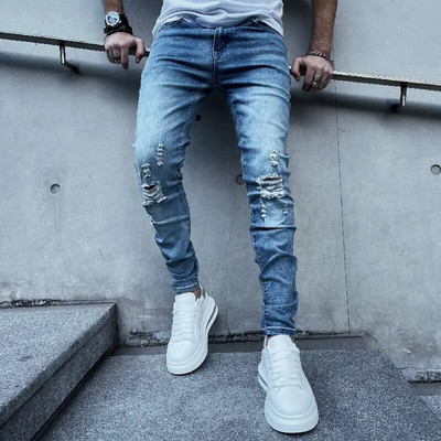 Kakan — jauni Eiropas un Amerikas mazo pēdu elastīgi perforēti džinsi vīriešiem, mazgāti un valkāti zili, Slim Fit garie džinsi K78-115