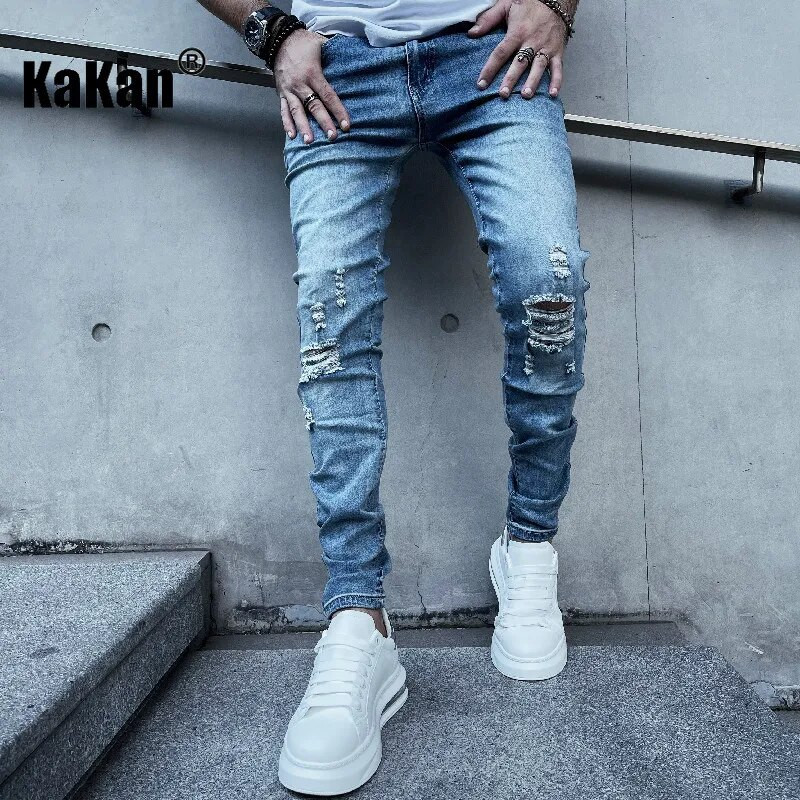 Kakan — jauni Eiropas un Amerikas mazo pēdu elastīgi perforēti džinsi vīriešiem, mazgāti un valkāti zili, Slim Fit garie džinsi K78-115