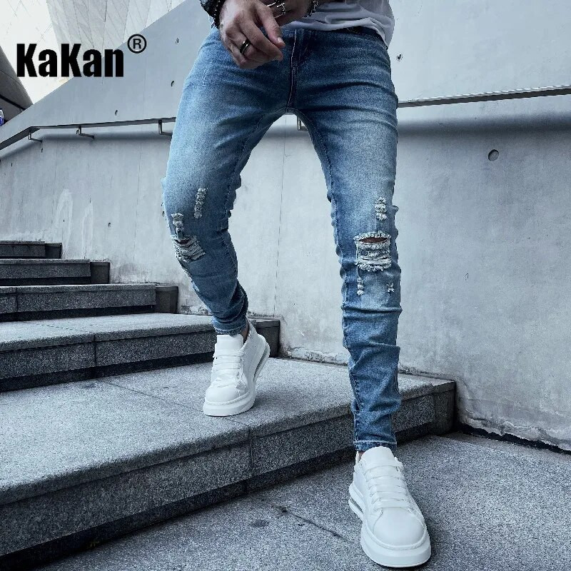 Kakan — jauni Eiropas un Amerikas mazo pēdu elastīgi perforēti džinsi vīriešiem, mazgāti un valkāti zili, Slim Fit garie džinsi K78-115