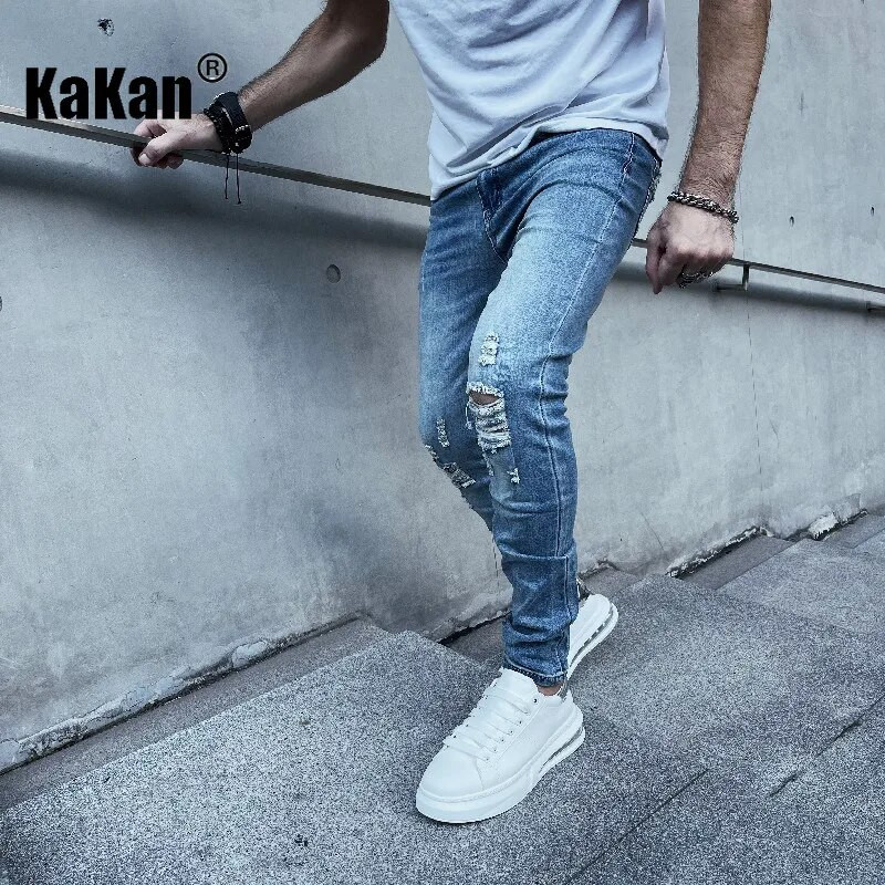 Kakan — jauni Eiropas un Amerikas mazo pēdu elastīgi perforēti džinsi vīriešiem, mazgāti un valkāti zili, Slim Fit garie džinsi K78-115