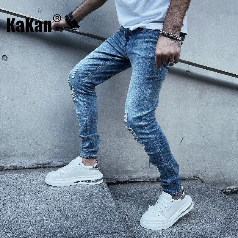 Kakan — jauni Eiropas un Amerikas mazo pēdu elastīgi perforēti džinsi vīriešiem, mazgāti un valkāti zili, Slim Fit garie džinsi K78-115