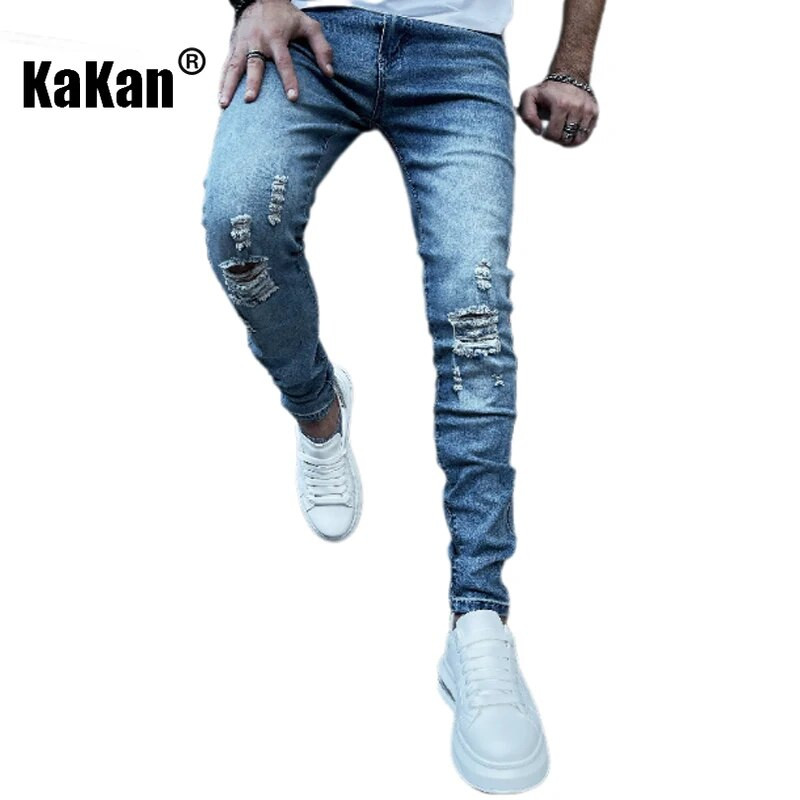 Kakan — jauni Eiropas un Amerikas mazo pēdu elastīgi perforēti džinsi vīriešiem, mazgāti un valkāti zili, Slim Fit garie džinsi K78-115