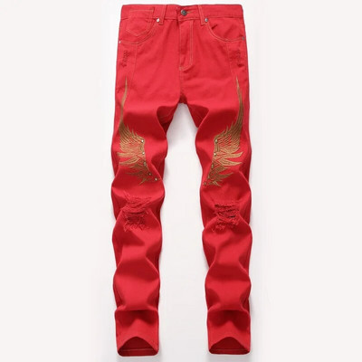 Kakan - Street Personality Embroidery Wing Hole férfi farmer, új piros fekete farmer férfi zsebdekoráció K02-8733