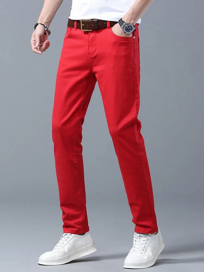 Autentiški madingi vyriški gražūs tiesūs laisvalaikio džinsai Raudoni geltoni rožiniai vienspalviai madingi verslo drabužiai, universalūs, neblunkantys