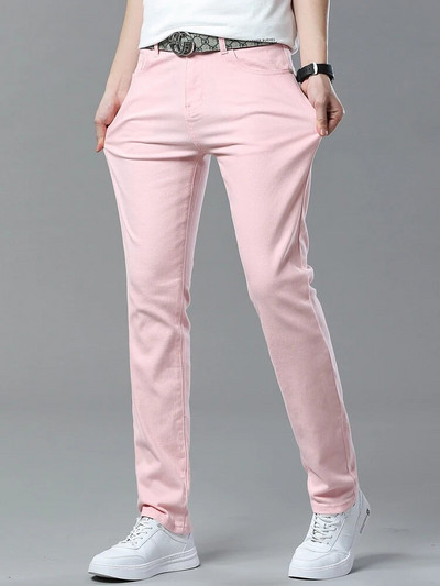 Autentiški madingi vyriški gražūs tiesūs laisvalaikio džinsai Raudoni geltoni rožiniai vienspalviai madingi verslo drabužiai, universalūs, neblunkantys