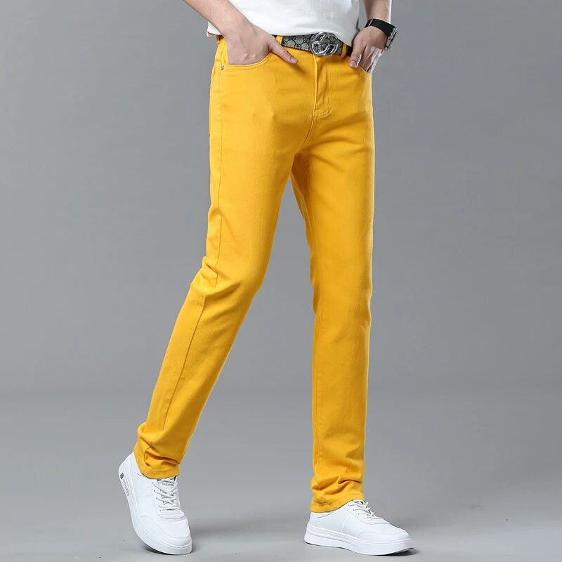 Autentiški madingi vyriški gražūs tiesūs laisvalaikio džinsai Raudoni geltoni rožiniai vienspalviai madingi verslo drabužiai, universalūs, neblunkantys