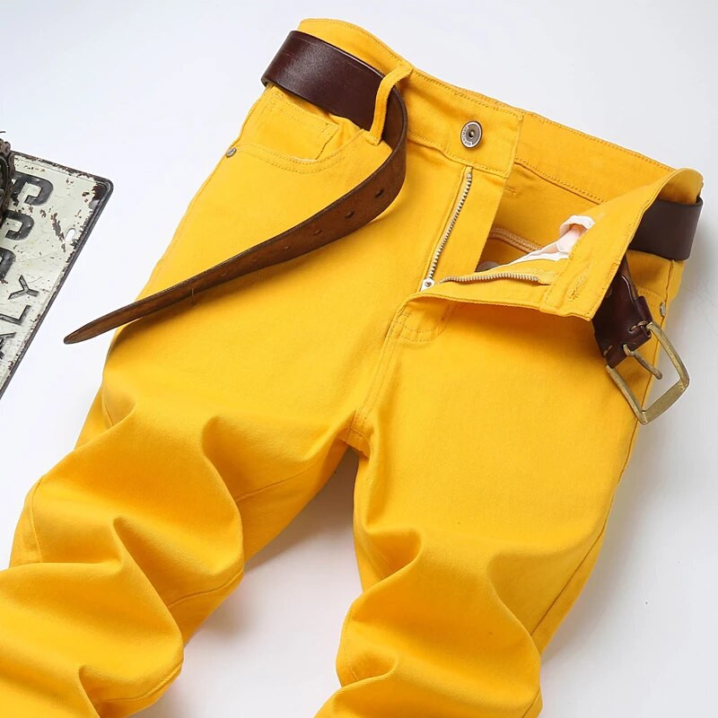 Autentiški madingi vyriški gražūs tiesūs laisvalaikio džinsai Raudoni geltoni rožiniai vienspalviai madingi verslo drabužiai, universalūs, neblunkantys