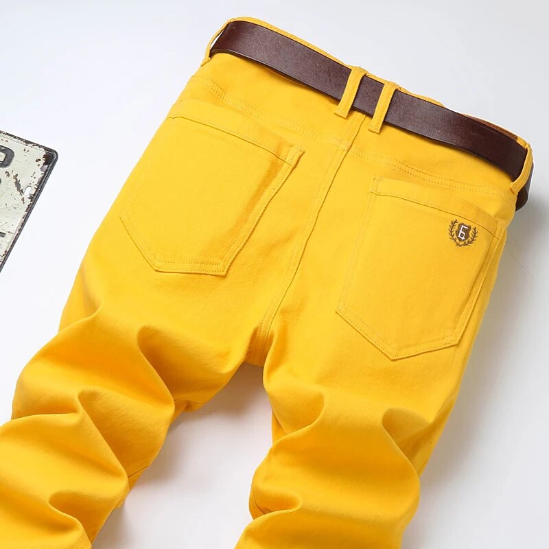 Autentiški madingi vyriški gražūs tiesūs laisvalaikio džinsai Raudoni geltoni rožiniai vienspalviai madingi verslo drabužiai, universalūs, neblunkantys