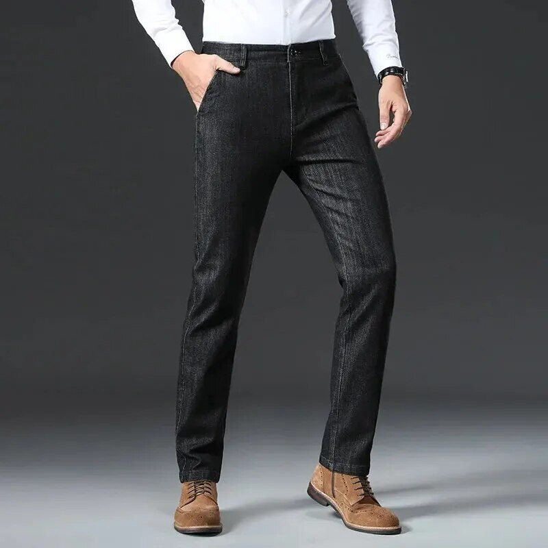 Ανδρικό Κλασικό Μεσαίωνα ίσιο τζιν ψηλόμεσο ευέλικτο φθινόπωρο Άνετο μακρύ παντελόνι βαμβακερό υλικό