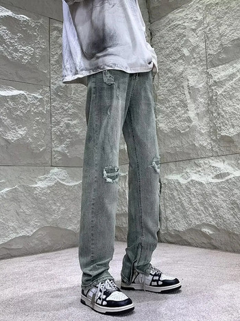YIHANKE Νέο τζιν παντελόνι με φερμουάρ για φθινόπωρο και χειμώνα με ίσια τρύπα στο γόνατο Μοντέρνα casual ανδρικά τζιν High Street