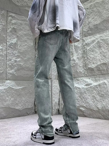 YIHANKE Νέο τζιν παντελόνι με φερμουάρ για φθινόπωρο και χειμώνα με ίσια τρύπα στο γόνατο Μοντέρνα casual ανδρικά τζιν High Street