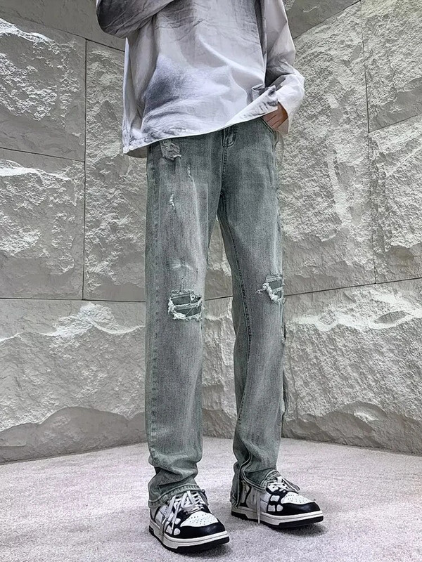 YIHANKE rudens un ziemas jauni taisni ceļgala caurumi džinsu bikses rāvējslēdzējs Modes ikdienas High Street vīriešu džinsi