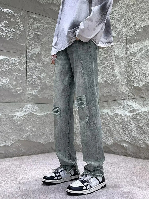 YIHANKE rudens un ziemas jauni taisni ceļgala caurumi džinsu bikses rāvējslēdzējs Modes ikdienas High Street vīriešu džinsi