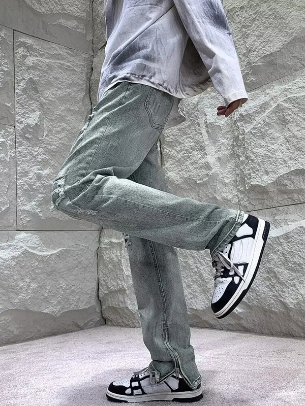 YIHANKE rudens un ziemas jauni taisni ceļgala caurumi džinsu bikses rāvējslēdzējs Modes ikdienas High Street vīriešu džinsi