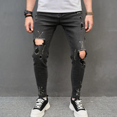 2023. gads. Vīriešu hiphopa plankumaina tinte, apdrukāta, saplēsti, šauri džinsi, bikses, stilīgi ceļgaliem, zīmuļi, džinsi vīriešiem, džinsa bikses