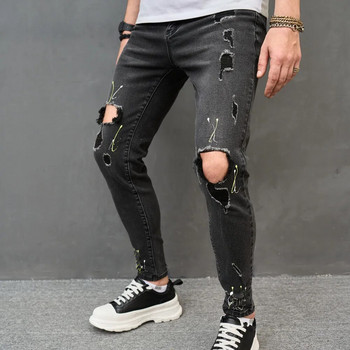 2023 Ανδρικά χιπ χοπ μελάνι Speckle με στάμπα με σχισμένο στενό τζιν παντελόνι Κομψό τζιν με τρύπες στα γόνατα Ανδρικά τζιν παντελόνια