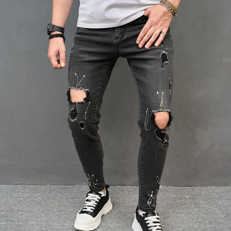 2023. gads. Vīriešu hiphopa plankumaina tinte, apdrukāta, saplēsti, šauri džinsi, bikses, stilīgi ceļgaliem, zīmuļi, džinsi vīriešiem, džinsa bikses