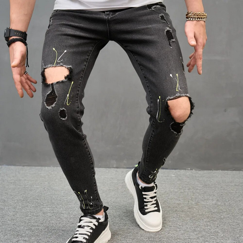 2023. gads. Vīriešu hiphopa plankumaina tinte, apdrukāta, saplēsti, šauri džinsi, bikses, stilīgi ceļgaliem, zīmuļi, džinsi vīriešiem, džinsa bikses