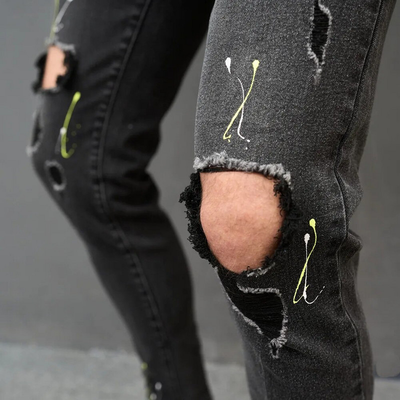 2023. gads. Vīriešu hiphopa plankumaina tinte, apdrukāta, saplēsti, šauri džinsi, bikses, stilīgi ceļgaliem, zīmuļi, džinsi vīriešiem, džinsa bikses