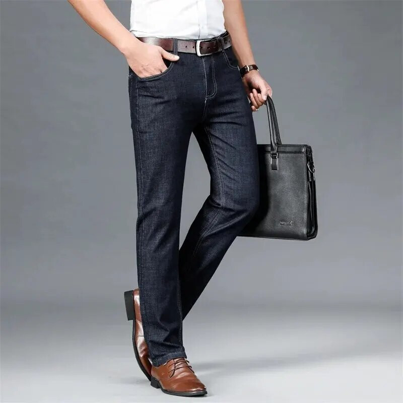 Pavasaris ruduo Vyriški verslo kasdieniai platėjantys džinsai aukštu juosmeniu Ledinis šilkas Minkštas verslo biuras Vidutinio amžiaus tėtis laisvalaikis
