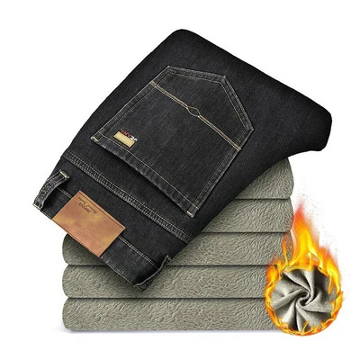 KUBRO rudens ziema korejiešu retro samta stiepts džinsi ar augstu vidukli Vīriešu taisni siltas lietišķas ikdienas bikses liela izmēra 28-46